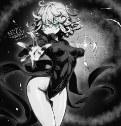 1girl breasts commentary_request covered_erect_nipples dress green_eyes looking_at_viewer monochrome one-punch_man short_hair side_slit sketch small_breasts solo spot_color takada_kazuhiro tatsumaki wavy_hair