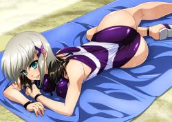 Rule 34 | 1girl, :p, aqua eyes, ass, black hair, blush, breasts, covered erect nipples, dark persona, hair ornament, looking at viewer, lying, lyrical nanoha, mahou shoujo lyrical nanoha, mahou shoujo lyrical nanoha a&#039;s, lord dearche, medium breasts, multicolored hair, on side, one-piece swimsuit, outdoors, purple one-piece swimsuit, sand, sandals, shiny skin, short hair, silver hair, smile, solo, sweat, swimsuit, tappa (esperanza), tongue, tongue out, towel, x hair ornament
