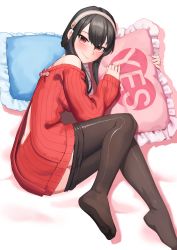 Rule 34 | 1girl, absurdres, ass, back cutout, bare shoulders, bed sheet, black hair, black pantyhose, blush, breasts, closed mouth, clothes pull, clothing cutout, dress, full body, hairband, highres, holding, holding pillow, kkami15, legs, long hair, lying, no shoes, off-shoulder dress, off shoulder, on side, pantyhose, pantyhose pull, pillow, red eyes, red sweater, short hair with long locks, sidelocks, smile, solo, spy x family, sweater, sweater dress, thighs, white hairband, yes, yes-no pillow, yor briar