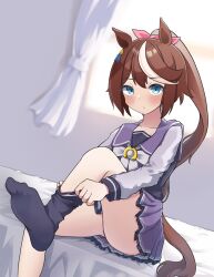 Rule 34 | 1girl, absurdres, animal ears, blue eyes, blue ribbon, blush, bow, bowtie, brown hair, brown tail, closed mouth, commentary request, commission, ear piercing, ear ribbon, expressionless, feet, foot out of frame, frilled skirt, frills, gokurin, high ponytail, highres, horse ears, horse girl, horse tail, horseshoe ornament, indoors, knee up, leg up, long hair, long sleeves, looking at viewer, multicolored hair, piercing, pleated skirt, purple serafuku, purple shirt, purple skirt, purple thighhighs, revision, ribbon, sailor collar, sailor shirt, school uniform, serafuku, shirt, sitting, skeb commission, skirt, soles, solo, streaked hair, tail, thighhighs, tokai teio (umamusume), tracen school uniform, two-tone hair, umamusume, white bow, white bowtie, white hair