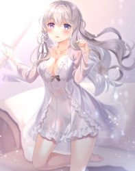 Rule 34 | 1girl, azur lane, black bow, blue eyes, blush, bow, breasts, cleavage, collarbone, grey hair, hand up, heterochromia, highres, long hair, looking at viewer, medium breasts, murmansk (azur lane), murmansk (sceneries of pure snow) (azur lane), nightgown, open mouth, purple eyes, seiza, shizuki aya, simple background, sitting, solo, white nightgown