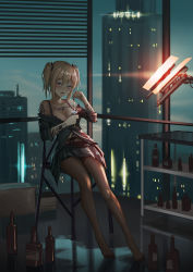 Rule 34 | 1girl, arm tattoo, bad id, bad pixiv id, bare shoulders, black shirt, black skirt, blonde hair, blue eyes, blue sky, blurry, blurry background, blush, bottle, breasts, brown pantyhose, building, chair, cleavage, cocktail glass, cup, depth of field, drinking glass, hair between eyes, hair ornament, half-closed eyes, highres, holding, holding cup, indoors, long sleeves, medium breasts, neon lights, no shoes, off shoulder, on chair, original, pantyhose, parted lips, pleated skirt, shirt, sidelocks, sitting, skirt, sky, skyscraper, solo, tattoo, twintails, yurichtofen