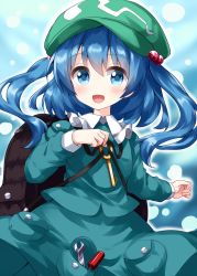 Rule 34 | 1girl, backpack, bag, blue eyes, blue hair, blue shirt, green hat, hair between eyes, hair ornament, hat, highres, kappa, kawashiro nitori, key, long sleeves, looking at viewer, open mouth, ruu (tksymkw), shirt, short hair, short twintails, sidelocks, skirt, smile, solo, touhou, twintails, two side up