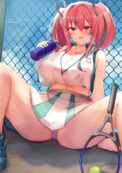 Rule 34 | 1girl, absurdres, aqua footwear, azur lane, bag, ball, bare legs, black hair, blue sky, blush, bottle, breasts, bremerton (azur lane), bremerton (scorching-hot training) (azur lane), chain-link fence, cleavage, closed mouth, cloud, collarbone, commentary, crop top, crop top overhang, day, duffel bag, fence, hair ornament, hairclip, heart, heart necklace, highres, holding, holding bottle, horizon, jewelry, kuro (blackpgmickey), large breasts, long hair, looking at viewer, miniskirt, mole, mole on breast, multicolored hair, navel, necklace, ocean, outdoors, panties, pantyshot, racket, red eyes, red hair, shoes, sitting, skirt, sky, sleeveless, smile, sneakers, solo, sportswear, spread legs, stomach, streaked hair, striped clothes, striped skirt, tennis ball, tennis racket, tennis uniform, twintails, two-tone skirt, underwear, upskirt, vertical-striped clothes, vertical-striped skirt, water, x hair ornament