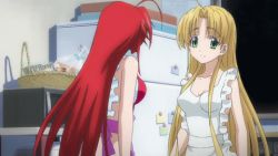 Rule 34 | 10s, 2girls, animated, animated gif, anime screenshot, apron, asia argento, blonde hair, bouncing breasts, breasts, demon girl, high school dxd, kitchen, long hair, lowres, multiple girls, naked apron, red hair, rias gremory, screencap