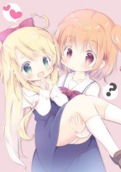 Rule 34 | 2girls, :d, ?, ahoge, bad id, bad pixiv id, blonde hair, blue dress, blush, bow, brown background, brown footwear, brown hair, carrying, closed mouth, commentary request, dress, feet out of frame, fukaya rin, green eyes, hair bow, hands up, heart, heart ahoge, highres, himesaka noa, hoshino hinata, loafers, long hair, long sleeves, multiple girls, one side up, open mouth, panties, pinafore dress, ponytail, princess carry, red bow, red eyes, sailor collar, sailor dress, shirt, shoes, simple background, sleeveless, sleeveless dress, smile, socks, spoken heart, spoken question mark, steepled fingers, underwear, very long hair, watashi ni tenshi ga maiorita!, white legwear, white panties, white sailor collar, white shirt