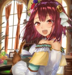 Rule 34 | 1girl, :d, atelier (series), atelier sophie, bare shoulders, book, brown gloves, cauldron, curtains, desk, flower, glint, gloves, hair flower, hair ornament, indoors, jewelry, looking at viewer, medium hair, necklace, open mouth, pearl necklace, red eyes, rinsenjakusou, sketch, smile, solo, sophie neuenmuller, stirring rod, upper body, window