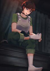 Rule 34 | 1girl, absurdres, black footwear, black gloves, blue eyes, blurry, blurry background, blush, boots, unworn boots, breasts, brown choker, brown hair, bulletproof vest, choker, commentary, english commentary, feet, fingerless gloves, foot up, full body, ghhoward, gloves, green pants, green shirt, hand on own foot, highres, looking down, medium breasts, mixed-language commentary, no shoes, open mouth, pants, rebecca chambers, resident evil, ribbed socks, shirt, short hair, sitting, small breasts, socks, soles, solo, sweatdrop, t-shirt, toes, upper body, white socks