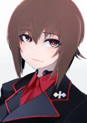 Rule 34 | 1girl, black jacket, brown eyes, brown hair, closed mouth, commentary, dress shirt, girls und panzer, grey background, insignia, jacket, kuromorimine military uniform, long sleeves, looking at viewer, military, military uniform, nishizumi maho, portrait, red shirt, shirt, short hair, simple background, smile, solo, susumu, throat microphone, uniform, wing collar