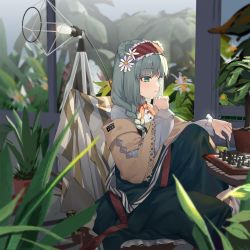 Rule 34 | 1girl, animal ears, arknights, bear ears, blue hair, bow, bowtie, braid, brown jacket, chess piece, chessboard, chinese commentary, commentary request, flower, green eyes, green skirt, hair flower, hair ornament, hairband, highres, hongbaise raw, indoors, istina (arknights), istina (bibliosmia) (arknights), jacket, knee up, long hair, long skirt, official alternate costume, orange bow, orange bowtie, plant, playing games, potted plant, red hairband, russian text, shirt, single braid, sitting, skirt, solo, table, translated, white flower, white shirt