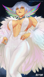 Rule 34 | 1girl, abs, areola slip, arms at sides, artist name, bare shoulders, breasts, breasts apart, covered erect nipples, curvy, dress, feet out of frame, fur, hair between eyes, hand on own hip, kill la kill, kiryuuin ragyou, large breasts, lips, looking at viewer, looking down, mature female, multicolored hair, navel, nextoad, patreon logo, patreon username, rainbow hair, smile, solo, standing, stomach, watermark, web address, white dress, white hair