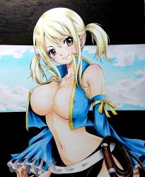 Rule 34 | 1girl, absurdres, areola slip, blonde hair, breasts, brown eyes, cleavage, cloud, detached sleeves, fairy tail, highres, hmdark-9, long hair, looking at viewer, lucy heartfilia, medium breasts, midriff, navel, no bra, short twintails, sky, smile, solo, traditional media, twintails, whip