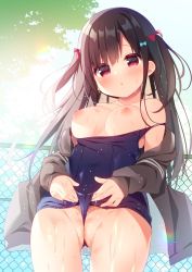 Rule 34 | 1girl, blush, breasts, brown hair, cameltoe, clothes pull, frontal wedgie, hanamiya natsuka, jacket, medium breasts, nipples, one-piece swimsuit, one-piece swimsuit pull, open clothes, original, pink eyes, pussy, solo, swimsuit, thighs, wedgie