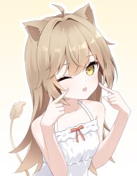 Rule 34 | 1girl, :d, absurdres, ahoge, animal ears, bare arms, bare shoulders, blush, breasts, brown hair, collarbone, commentary request, crossed bangs, double-parted bangs, dress, gradient background, halterneck, hands up, highres, indie virtual youtuber, lion ears, lion girl, lion tail, looking at viewer, one eye closed, open mouth, orange ribbon, outline, ribbon, rurudo lion, rurudo lion (1st costume), seika (eevz2274), small breasts, smile, solo, sundress, tail, upper body, virtual youtuber, white dress, white outline, yellow background, yellow eyes