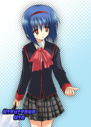 Rule 34 | 1girl, akane souichi, blue hair, bow, little busters!, nishizono mio, pink bow, red eyes, short hair, solo