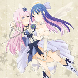 Rule 34 | 10s, 2girls, :&lt;, alternate costume, amri, amripo, bad id, bad pixiv id, bdsm, black neckwear, blue hair, boots, bow, bracelet, breasts, bridal gauntlets, brooch, chain, choker, cleavage, collar, crossover, cure moonlight, dress, elbow gloves, eyelashes, flower, gloves, green eyes, hair flower, hair ornament, halo, heart, heart brooch, heartcatch precure!, jewelry, knee boots, leash, long hair, magical girl, maripo, multiple girls, panties, panty &amp; stocking with garterbelt, panty pull, precure, purple eyes, purple hair, single elbow glove, single glove, small breasts, stocking (psg), striped clothes, striped legwear, striped panties, striped thighhighs, tears, thighhighs, tsukikage yuri, underwear, waist bow, wings, yuri
