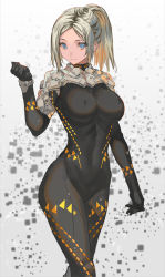 Rule 34 | 1girl, black bodysuit, blonde hair, blue eyes, bodysuit, breasts, clenched hand, covered erect nipples, cowboy shot, large breasts, looking at viewer, original, parted bangs, ponytail, ran&#039;ou (tamago no kimi), skin tight, smile