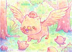 Rule 34 | animal, animal focus, artist name, bird, bisquii, brown eyes, brown wings, chibi, chick, commentary, english commentary, feathered wings, flower, foliage, forest, grass, griffin, mushroom, nature, no humans, original, outdoors, sparkle, tree, wings