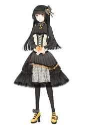 Rule 34 | 1girl, asaki benio, black dress, black hair, black pantyhose, corset, dress, full body, hair ornament, high heels, highres, hime cut, lolita fashion, long hair, looking at viewer, original, own hands together, pantyhose, simple background, solo, white background, yellow eyes