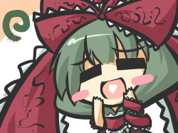 Rule 34 | @ (symbol), blush stickers, chibi, commentary request, goma (gomasamune), green hair, hair ribbon, hands on own face, heart, heart in mouth, kagiyama hina, long hair, ribbon, sketch, solo, touhou