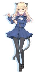 Rule 34 | 1girl, absurdres, animal ears, aohashi ame, black pantyhose, blonde hair, blush, breasts, cat ears, cat girl, cat tail, full body, glasses, highres, long hair, military uniform, neckerchief, pantyhose, perrine h. clostermann, simple background, small breasts, smile, solo, strike witches, tail, uniform, white background, world witches series, yellow eyes