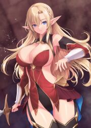 Rule 34 | 1girl, blonde hair, blue eyes, blurry, blurry background, braid, breasts, cleavage, commentary request, cowboy shot, detached sleeves, elf, eyelashes, gold trim, highres, holding, kirishima satoshi, knight, large breasts, long hair, looking at viewer, original, parted bangs, parted lips, pointy ears, revealing clothes, shiny skin, solo, thigh gap, thighhighs