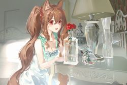 Rule 34 | 1girl, angelina (arknights), animal ears, aqua dress, arknights, bare arms, bedroom, breasts, brown hair, cleavage, commentary, dress, flower, fox ears, gawako, hair ribbon, highres, indoors, lamp, light particles, long hair, medium breasts, open mouth, red eyes, red flower, red ribbon, red rose, ribbon, rose, sidelocks, sleeveless, sleeveless dress, smile, solo, symbol-only commentary, table, twintails, vase, very long hair
