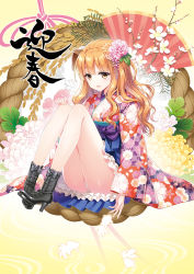 Rule 34 | an2a, animal ears, boots, bow, cross-laced footwear, dog ears, dress, fish, floral background, flower, frilled dress, frills, full body, hair ornament, hakama, hakama short skirt, hakama skirt, hand fan, high heel boots, high heels, japanese clothes, kimono, lace-up boots, long hair, looking at viewer, new year, orange eyes, orange hair, original, panties, sitting, skirt, smile, solo, thighs, underwear, wavy hair, wreath