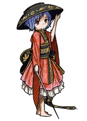 Rule 34 | 1girl, barefoot, blue hair, bot mark art, floral print, hatching (texture), holding, holding sword, holding weapon, japanese clothes, kimono, large hat, looking at viewer, needle sword, outline, patterned clothing, red eyes, red kimono, short hair, sukuna shinmyoumaru, sword, thick eyebrows, touhou, weapon, white background
