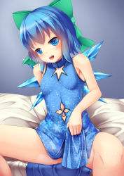 Rule 34 | 1girl, bare shoulders, blue dress, blue eyes, blue hair, blush, bow, breasts, china dress, chinese clothes, cirno, clothing cutout, dress, hair bow, highres, ice, ice wings, kirimori toya, matching hair/eyes, navel, navel cutout, pelvic curtain, small breasts, solo, spread legs, touhou, wings