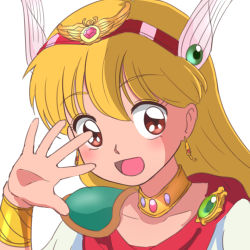 Rule 34 | 1990s (style), 1girl, akazukin chacha, blonde hair, blush, bracelet, brooch, brown eyes, earrings, highres, jewelry, long hair, magical princess, retro artstyle, short sleeves, simple background, smile, tagme, white background, winged hair ornament