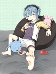 Rule 34 | 1boy, barefoot, blue hair, blush, candy, chocolate, eating, feet, food, headphones, jacket, male focus, original, os (os fresa), pocky, shorts, smile, soles, souta (os), stuffed toy, toes