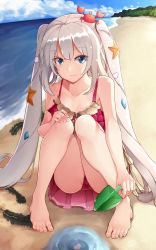 Rule 34 | 1girl, barefoot, batatata77, beach, blue eyes, casual one-piece swimsuit, closed mouth, collarbone, crab, crab on head, day, drill hair, fate/grand order, fate (series), feet, full body, highres, long hair, looking at viewer, marie antoinette (fate), marie antoinette (fate/grand order), marie antoinette (swimsuit caster) (fate), marie antoinette (swimsuit caster) (first ascension) (fate), one-piece swimsuit, sand, shovel, silver hair, smile, solo, starfish, swimsuit, toes, twin drills, worktool