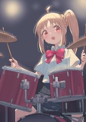 Rule 34 | 1girl, blonde hair, blue skirt, bocchi the rock!, bow, collared shirt, drum, drum set, drumsticks, holding, ijichi nijika, instrument, long hair, music, open mouth, peroncho, playing instrument, pleated skirt, red bow, red eyes, school uniform, shirt, side ponytail, sidelocks, sitting, skirt, smile, solo, sweatdrop, white shirt