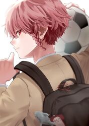 Rule 34 | 1boy, backpack, bag, ball, black bag, blue lock, braid, brown jacket, closed mouth, holding, holding ball, jacket, kurona ranze, long sleeves, looking at viewer, male focus, profile, red eyes, red hair, short hair, side braid, single braid, soccer ball, solo, upper body, user cdug5424, white background