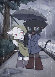 Rule 34 | absurdres, animal ears, black cat, blue jacket, boots, brown footwear, cat, cat ears, cat tail, city, furry, furry male, genjohi-kun, green jacket, happy, highres, jacket, open mouth, original, rain, red pupils, slit pupils, tail, umbrella, unhappy, white cat