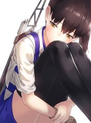 Rule 34 | 10s, 1girl, arrow (projectile), blue hakama, blue theme, brown eyes, brown hair, commentary request, gloves, hakama, hakama skirt, hand on own arm, hugging own legs, japanese clothes, kaga (kancolle), kantai collection, kfr, knees, legs together, partially fingerless gloves, partly fingerless gloves, quiver, rigging, side ponytail, sitting, skirt, sleeves rolled up, solo, thighhighs, white background, yugake