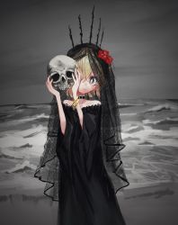 Rule 34 | 1girl, absurdres, bad id, bad twitter id, beach, belt collar, black dress, blonde hair, bright pupils, closed mouth, collar, crown, dress, flower, gishiki (gshk), goth fashion, grey background, grey sky, hair flower, hair ornament, hands up, highres, holding, holding skull, long dress, long sleeves, looking at viewer, ocean, original, red eyes, red flower, short hair, skull, sky, smile, solo, veil, white pupils, wide sleeves