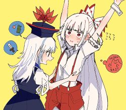 Rule 34 | 2girls, :i, arms up, blue dress, blue hair, blue headwear, bow, commentary, dress, flying sweatdrops, fujiwara no mokou, hair bow, hands on another&#039;s waist, hat, itomugi-kun, kamishirasawa keine, knife, long hair, multicolored hair, multiple girls, open mouth, pants, red bow, red eyes, red pants, shirt, short sleeves, simple background, spoken object, suspenders, torn clothes, torn sleeves, touhou, two-tone hair, upper body, white bow, white hair, white shirt, wrist cuffs, yellow background