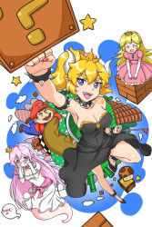 Rule 34 | 1boy, 3girls, ? block, arm up, armlet, armpits, bare shoulders, black dress, blonde hair, blue eyes, blush, boo (mario), bowsette, bracelet, breasts, cleavage, collar, crazypen, dress, elbow gloves, facial hair, fangs, from above, ghost, ghost tail, gloves, hat, high heels, highres, horns, jewelry, large breasts, legs, long dress, long hair, mario, mario (series), multiple girls, mustache, new super mario bros. u deluxe, nintendo, open mouth, pink dress, pink hair, ponytail, princess king boo, princess peach, red eyes, smile, spiked armlet, spiked bracelet, spiked collar, spiked shell, spiked tail, spikes, strapless, super crown, tail, tongue, white dress, white gloves
