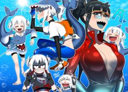 Rule 34 | artemis of the blue, atelier live, baseball cap, black eyes, black hair, blood, blood on clothes, blood on face, blood stain, blue eyes, blue hair, blue tongue, blunt bangs, blush, breasts, cleavage, collar, colored tongue, creatures (company), female protagonist (pokemon go), fingerless gloves, fins, fish tail, game freak, gawr gura, gawr gura (1st costume), gloves, hat, hololive, hololive english, hood, hoodie, long hair, mask, microphone, multicolored hair, nintendo, open mouth, pokemon, pokemon go, ponytail, shark fin, shark girl, shark tail, sharp teeth, smile, spiked collar, spikes, streaked hair, tail, tears, teeth, virtual youtuber, white hair, wootsang