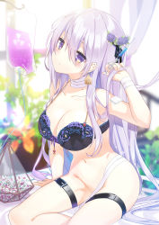 Rule 34 | 1girl, arm up, armpits, bandages, bandaid, bandaid on shoulder, bare shoulders, black bra, bottomless, bra, breasts, choker, cleavage, closed mouth, collarbone, ear tag, flower, groin, hair between eyes, hair flower, hair ornament, head tilt, highres, holding, intravenous drip, large breasts, leg belt, long hair, looking at viewer, moe2021, mole, mole on neck, navel, nyori, original, purple eyes, purple hair, solo, stomach, syringe, thighs, underwear, underwear only, very long hair