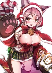 Rule 34 | 1girl, :d, absurdres, animal ears, animal hands, areola slip, boots, breasts, cleavage, cloak, fang, flying sweatdrops, granblue fantasy, harigane shinshi, highres, hood, hooded cloak, kneehighs, looking at viewer, open mouth, pink hair, pleated skirt, sen (granblue fantasy), simple background, skirt, smile, socks, solo, white background