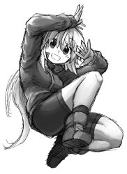 Rule 34 | 1girl, arm up, bike shorts, commentary request, full body, greyscale, grin, hair between eyes, hand up, highres, jacket, koshirae tsurugi (m.m), long hair, long sleeves, looking at viewer, m.m, monochrome, original, shoe soles, shoes, short shorts, shorts, simple background, sketch, sleeves past wrists, smile, socks, solo, track jacket, very long hair, white background