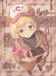 Rule 34 | 100 percent orange juice, 1girl, black footwear, black shirt, blonde hair, box, brown background, brown eyes, candy, chocolate, chocolate heart, chocolate on face, english text, food, food on face, from above, gift, gift box, happy valentine, hat, heart, heart-shaped box, highres, holding, holding gift, hood, hood down, hooded jacket, hoodie, jacket, long sleeves, looking at viewer, multicolored clothes, multicolored headwear, pink hoodie, ribbon, saki (orange juice), scorpioncard, shirt, short hair, signature, smile, valentine, wings
