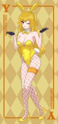 Rule 34 | 1girl, ahoge, animal ears, argyle, argyle background, argyle clothes, bare shoulders, black gloves, blonde hair, border, bow, bowtie, breasts, character name, cleavage, collar, collarbone, detached collar, diamond (shape), english text, fake animal ears, fishnet pantyhose, fishnets, garter belt, gloves, high heels, highleg, highleg leotard, highres, large breasts, leotard, long hair, looking at viewer, one eye closed, open mouth, pantyhose, patterned background, playboy bunny, purple eyes, rabbit ears, rabbit tail, rwby, ryoha kosako, shrugging, sleeveless, solo, strapless, strapless leotard, tail, very long hair, yang xiao long, yellow bow, yellow bowtie, yellow footwear