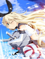 Rule 34 | 10s, 1girl, blonde hair, blush stickers, elbow gloves, gloves, green eyes, hairband, highres, kantai collection, long hair, looking at viewer, meracle, one eye closed, personification, rensouhou-chan, shimakaze (kancolle), skirt, smile, socks, striped clothes, striped thighhighs, thighhighs, white gloves, wink