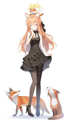 Rule 34 | 1girl, absurdres, alternate costume, animal, animal ear fluff, animal ears, black dress, black footwear, black pantyhose, blue archive, blush, breasts, closed eyes, ddungddang, dress, fox, fox ears, full body, grin, hair between eyes, halo, high heels, highres, long hair, mari (blue archive), medium breasts, orange hair, pantyhose, simple background, smile, solo, white background, yellow halo