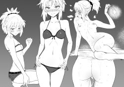Rule 34 | 1girl, ass, bikini, blush, breasts, closed mouth, completely nude, condom, cum, cumdrip, denim, fate/apocrypha, fate (series), female focus, greyscale, hair ornament, hair scrunchie, hands on own hips, heart, highres, holding, holding condom, leaning to the side, legs apart, looking at viewer, monochrome, mordred (fate), multiple views, navel, nipples, nude, ponytail, profile, scrunchie, short shorts, shorts, side-tie bikini bottom, small breasts, standing, stomach, sweat, swimsuit, used condom, valtor
