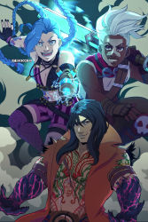 Rule 34 | 1girl, 2boys, :d, absurdres, arm tattoo, artist name, bare shoulders, bekkomi, black hair, black nails, breasts, brown gloves, bullet necklace, character request, cloud tattoo, collarbone, colored skin, dark-skinned male, dark skin, ekko (league of legends), facial tattoo, fingerless gloves, gloves, grey hair, grin, gun, highres, holding, holding gun, holding weapon, jewelry, jinx (league of legends), league of legends, long hair, looking at viewer, multiple boys, nail polish, navel, necklace, open mouth, over shoulder, pink shorts, pink thighhighs, purple skin, shorts, small breasts, smile, stomach, striped clothes, striped shorts, tattoo, teeth, thighhighs, weapon, weapon over shoulder
